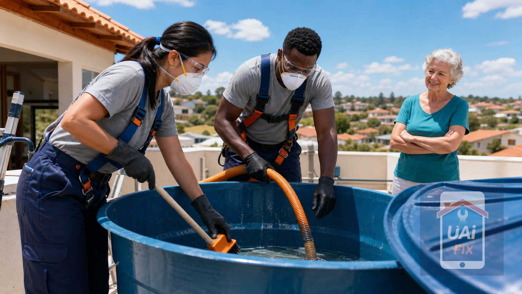 Equipe UAI Fix realizando limpeza de caixa d'água